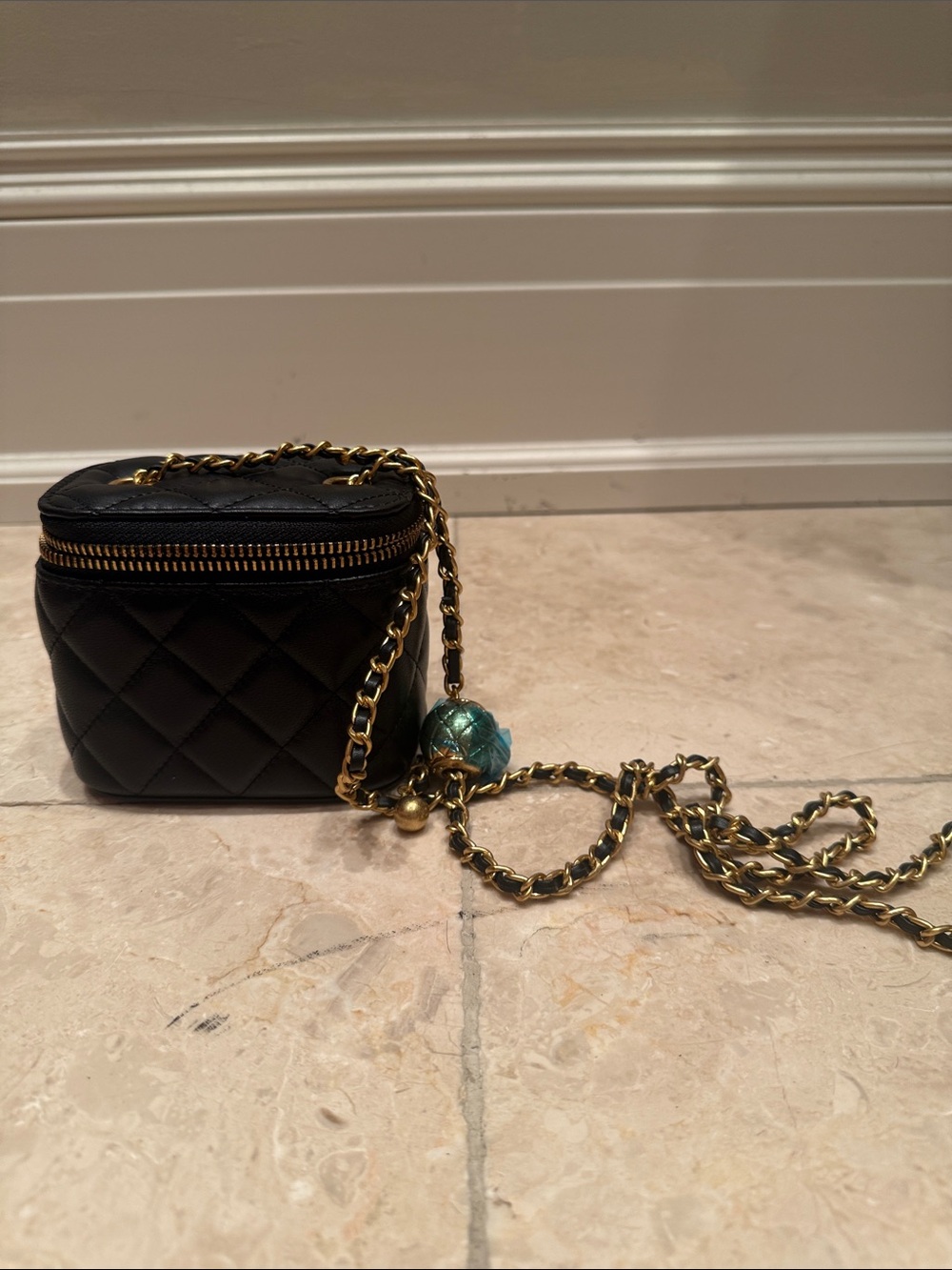 Black Quilted Crossbody Mini Bag with Gold Chain